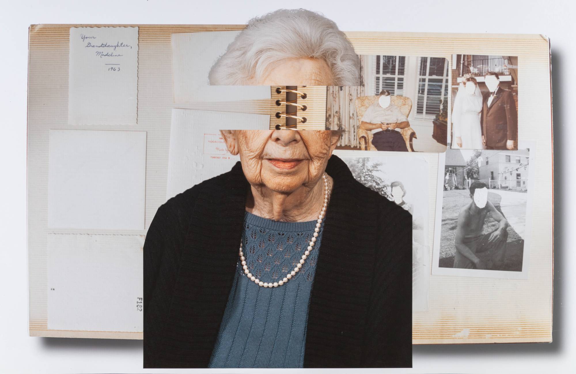 Colored photograph of a woman with white hair. Portions of the woman are covered with historic photographs wiht the faces of the people missing.